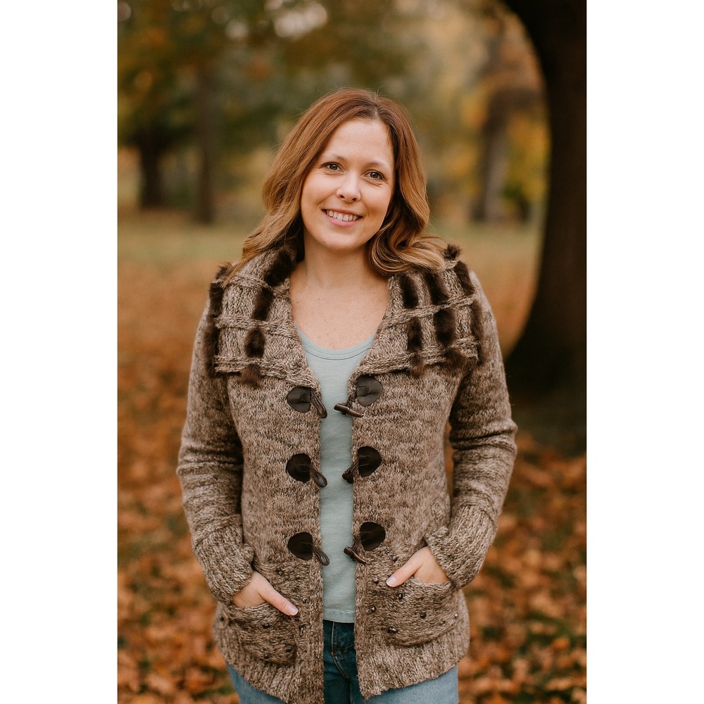 Artex Fashions Womens M Cardigan Sweater Brown Knit Toggle‎ Fur Collar Studded